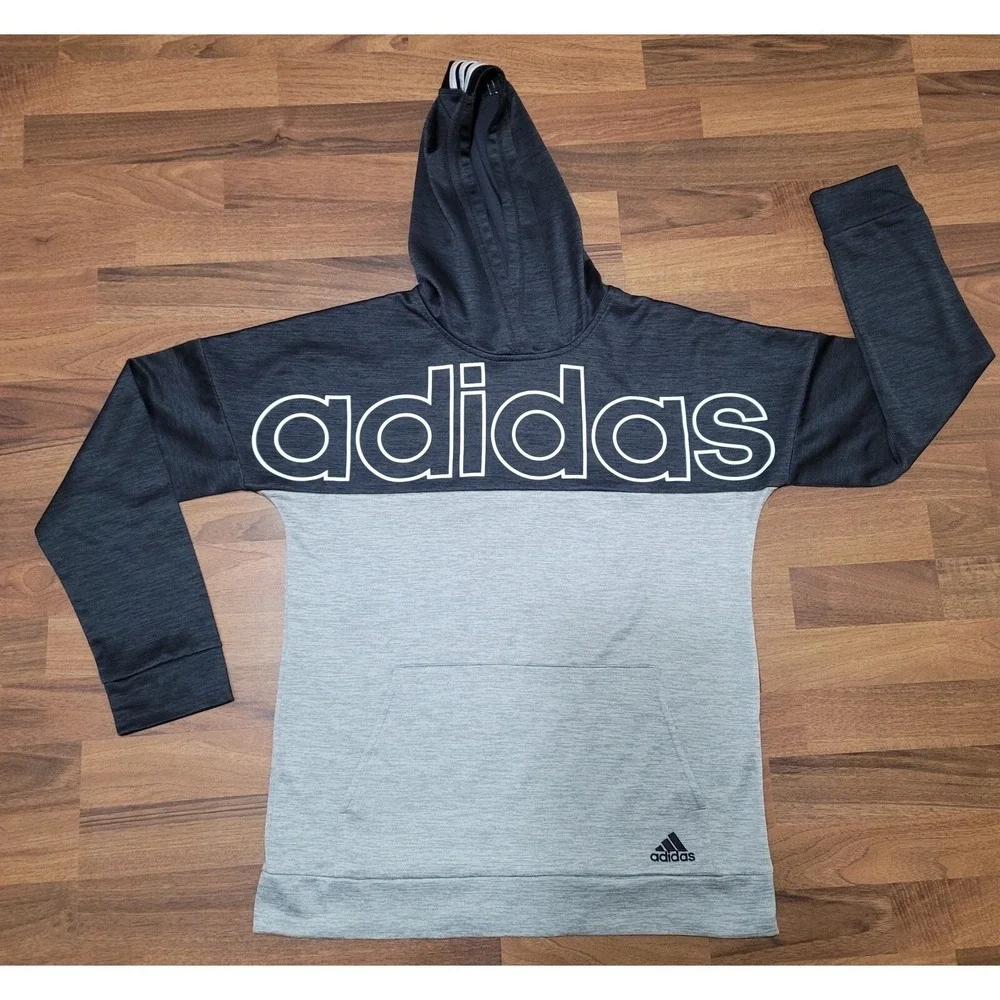 Adidas Unisex Kid's Black Grey Long Sleeve  Hooded Sweatshirt XL 18-20